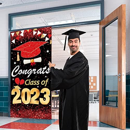 סימן דלת כניסה שלט מרפסת | ברכות כיתה של 2023 באנר | 2023 קישוטי סיום אדום | מזל טוב לקישוטים לקישוטים ללימודים באנר